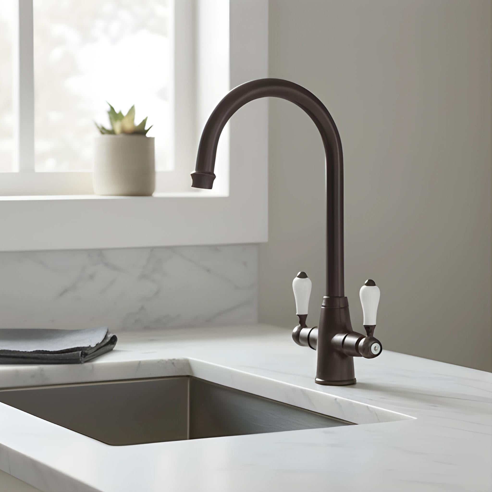 TURNER HASTINGS LUDLOW DOUBLE SINK MIXER TAP 355MM ENGLISH BRONZE (CERAMIC HANDLE)
