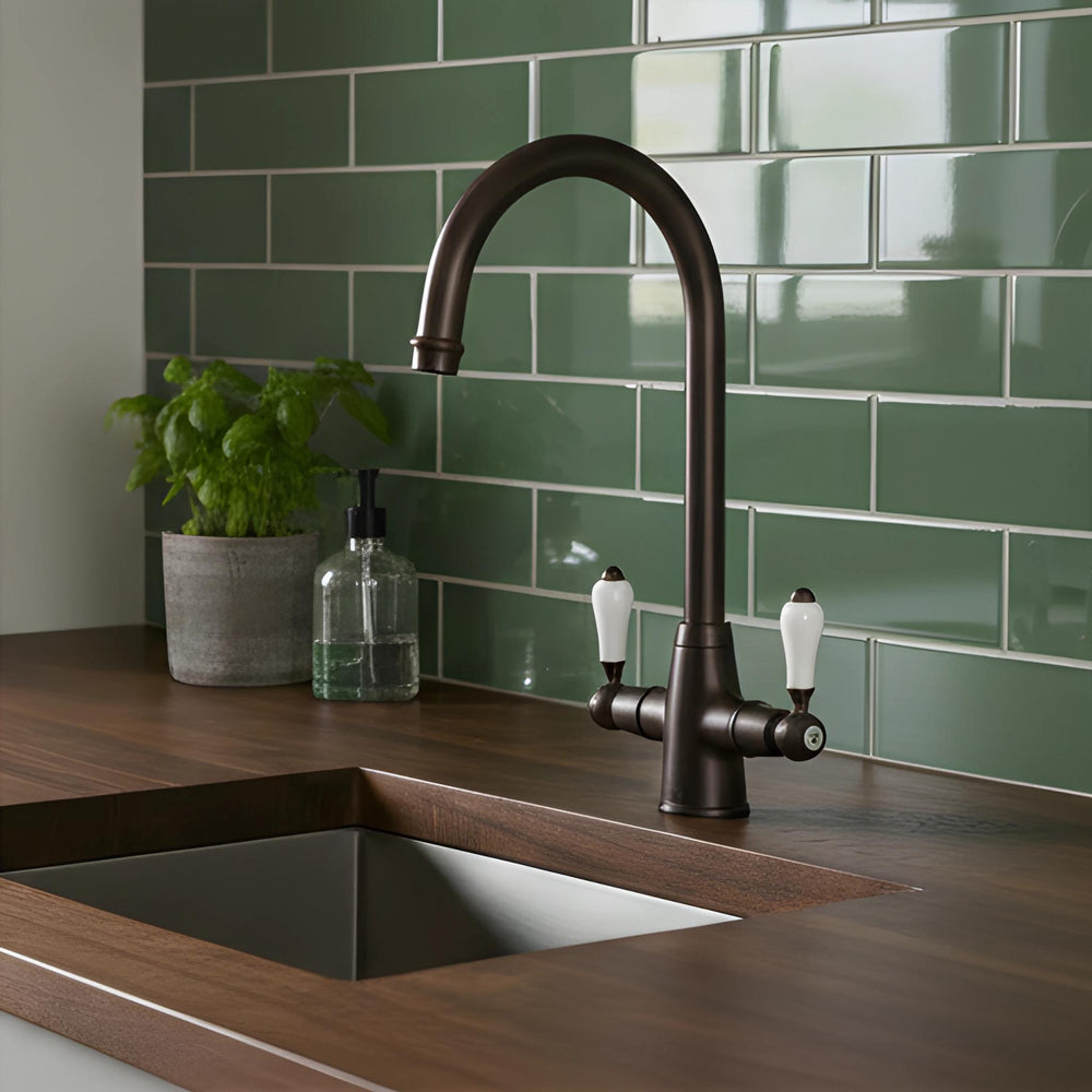 TURNER HASTINGS LUDLOW DOUBLE SINK MIXER TAP 355MM ENGLISH BRONZE (CERAMIC HANDLE)