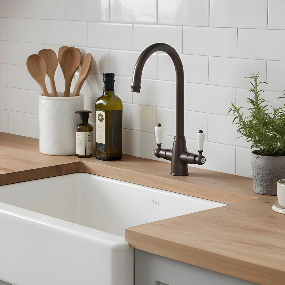 TURNER HASTINGS LUDLOW DOUBLE SINK MIXER TAP 355MM ENGLISH BRONZE (CERAMIC HANDLE)