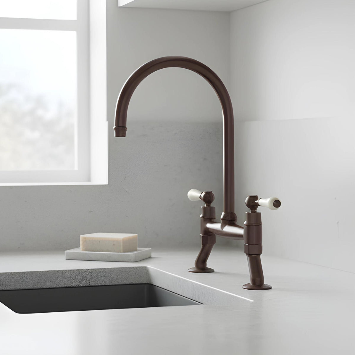 TURNER HASTINGS LUDLOW BRIDGE MIXER TAP WITH WHITE LEVER HANDLE 400MM ENGLISH BRONZE