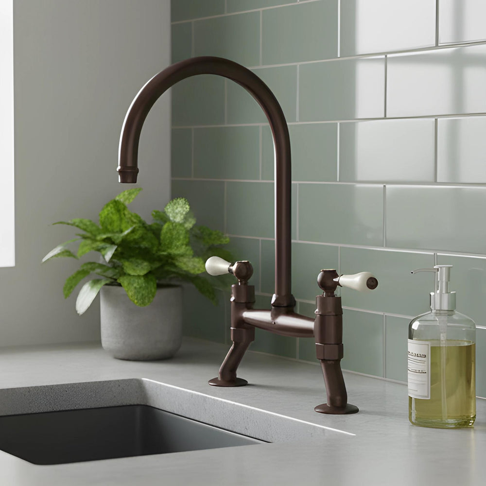 TURNER HASTINGS LUDLOW BRIDGE MIXER TAP WITH WHITE LEVER HANDLE 400MM ENGLISH BRONZE