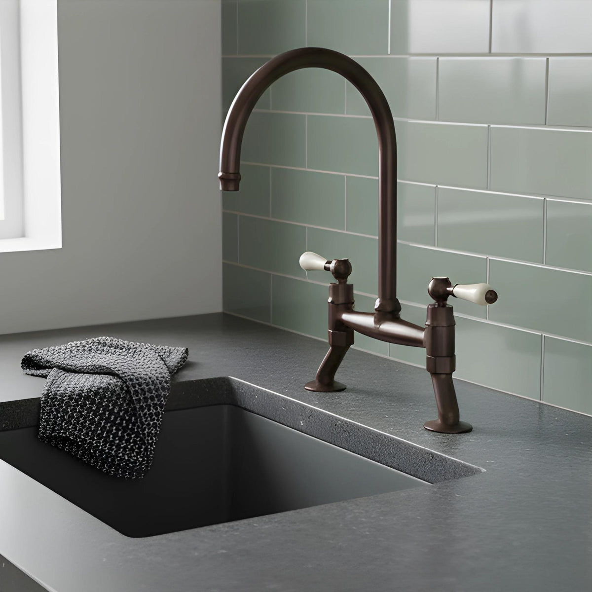 TURNER HASTINGS LUDLOW BRIDGE MIXER TAP WITH WHITE LEVER HANDLE 400MM ENGLISH BRONZE
