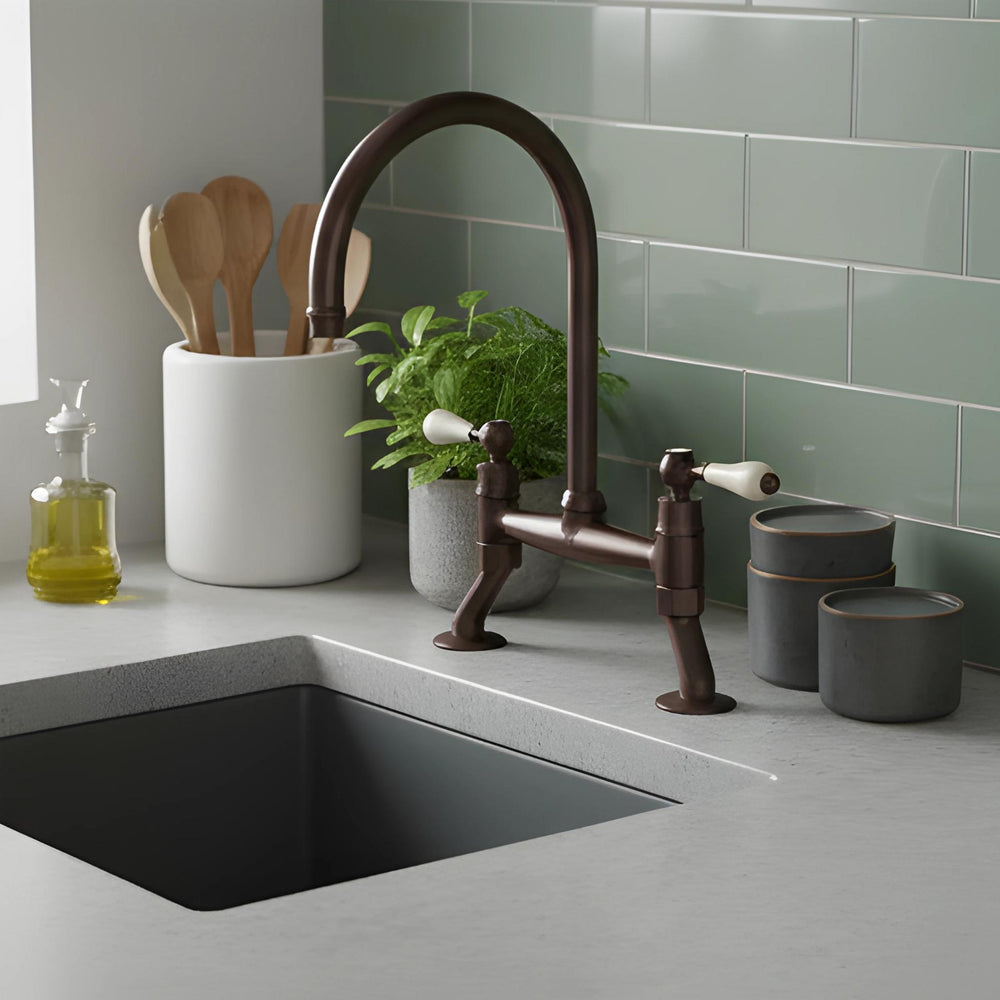 TURNER HASTINGS LUDLOW BRIDGE MIXER TAP WITH WHITE LEVER HANDLE 400MM ENGLISH BRONZE