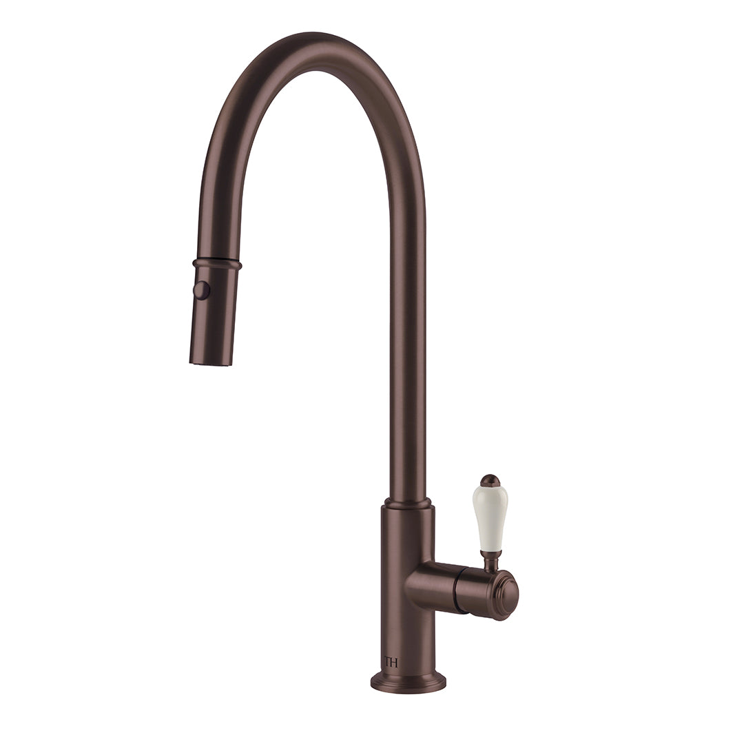 TURNER HASTINGS LUDLOW PULL OUT SINK MIXER WITH WHITE LEVER HANDLE 418MM ENGLISH BRONZE