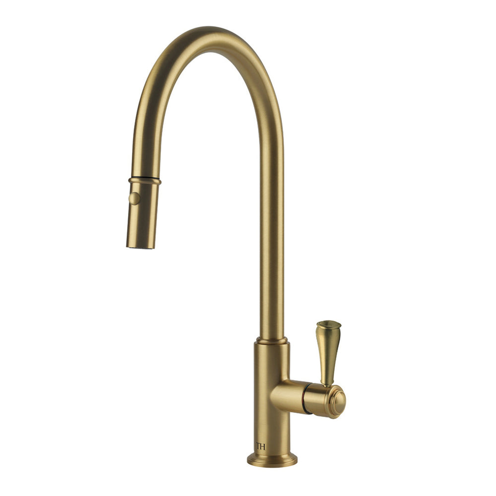 TURNER HASTINGS LUDLOW PULL OUT SINK MIXER WITH METAL LEVER HANDLE 418MM BRUSHED BRASS