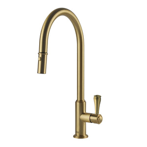TURNER HASTINGS LUDLOW PULL OUT SINK MIXER WITH METAL LEVER HANDLE 418MM BRUSHED BRASS