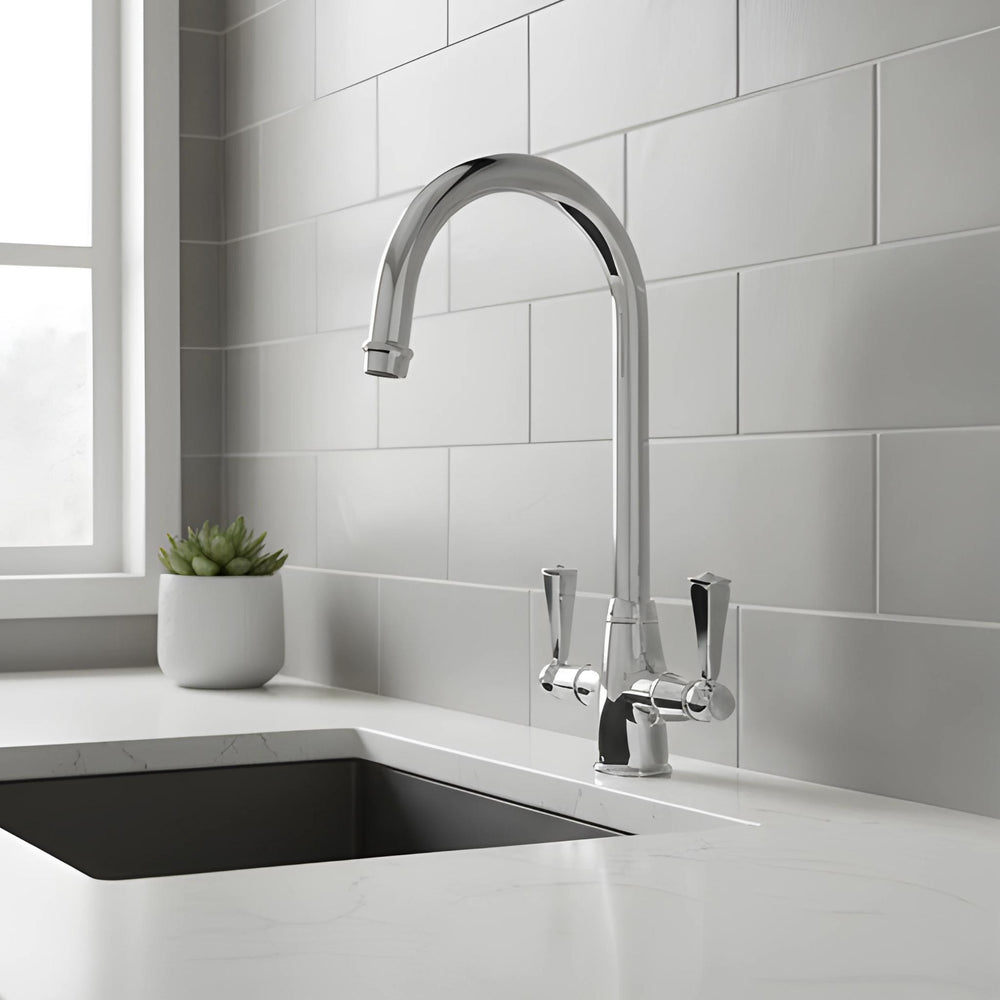 TURNER HASTINGS LUDLOW DOUBLE SINK MIXER TAP 355MM CHROME (METAL HANDLE)