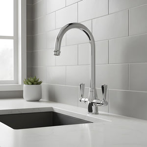TURNER HASTINGS LUDLOW DOUBLE SINK MIXER TAP 355MM CHROME (METAL HANDLE)