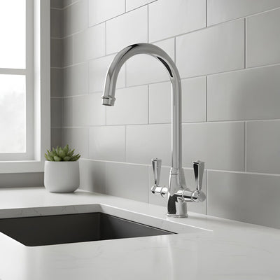 TURNER HASTINGS LUDLOW DOUBLE SINK MIXER TAP 355MM CHROME (METAL HANDLE)