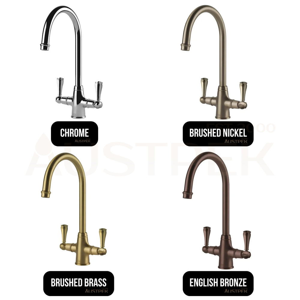 TURNER HASTINGS LUDLOW DOUBLE SINK MIXER TAP 355MM BRUSHED BRASS (METAL HANDLE)