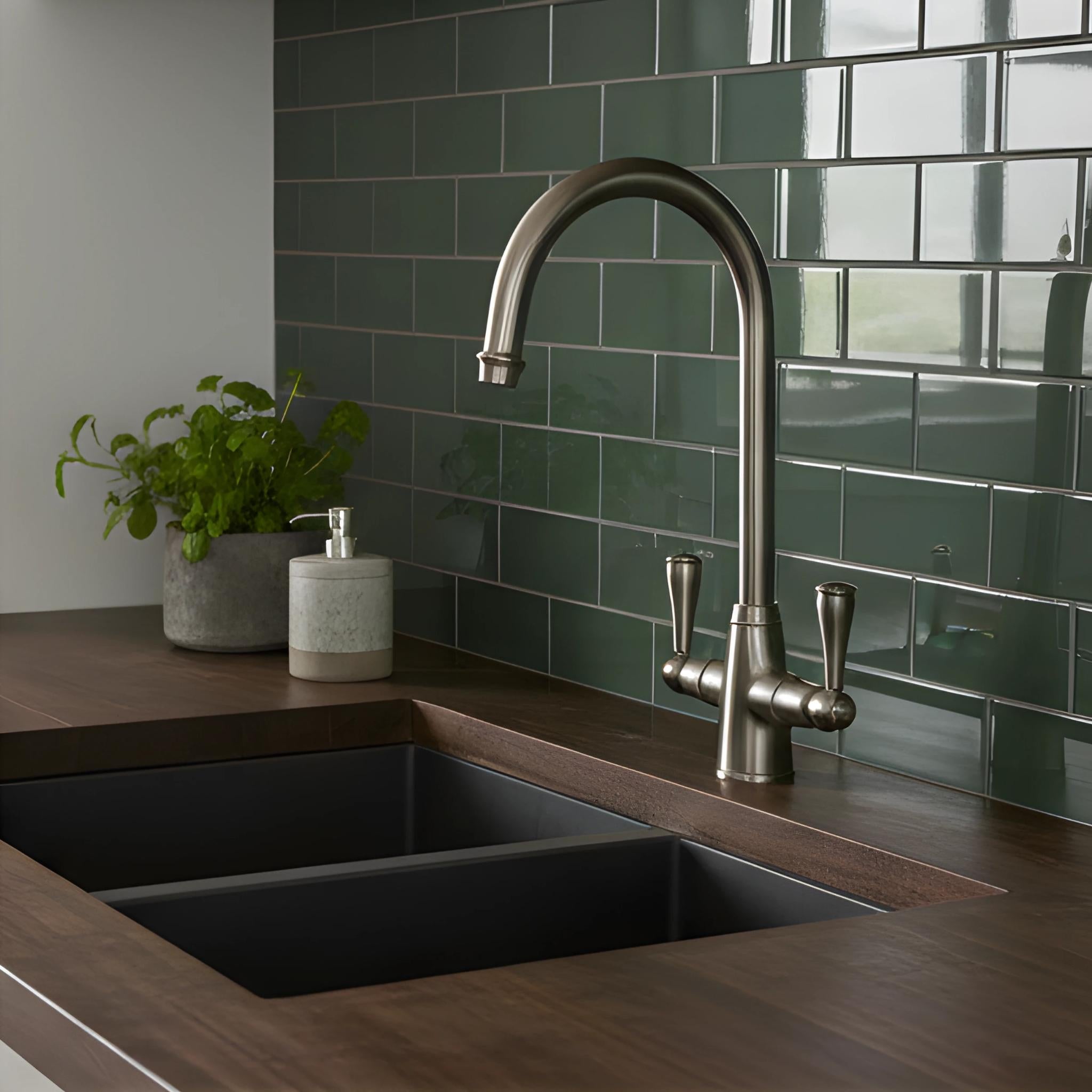 TURNER HASTINGS LUDLOW DOUBLE SINK MIXER TAP 355MM BRUSHED NICKEL (METAL HANDLE)