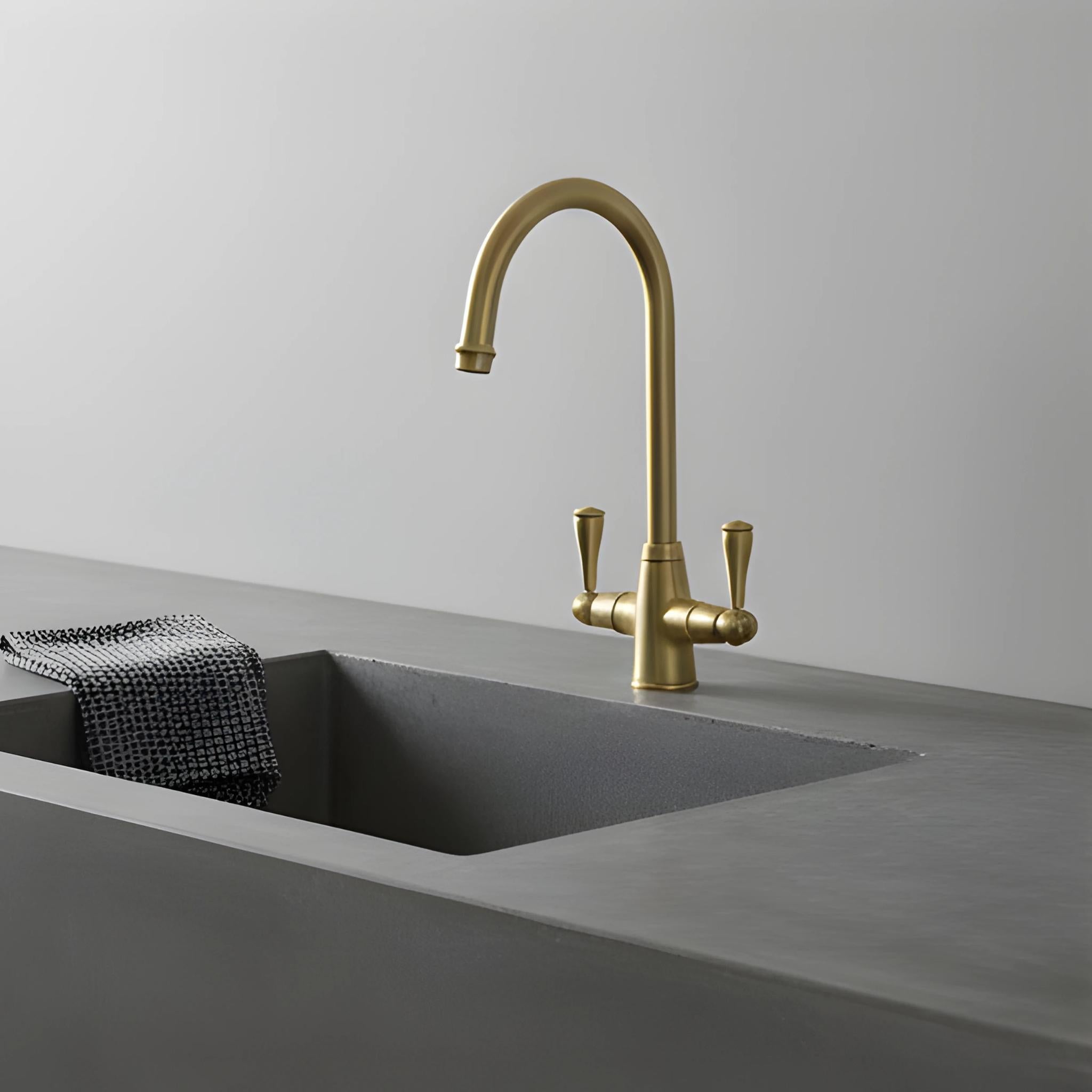TURNER HASTINGS LUDLOW DOUBLE SINK MIXER TAP 355MM BRUSHED BRASS (METAL HANDLE)