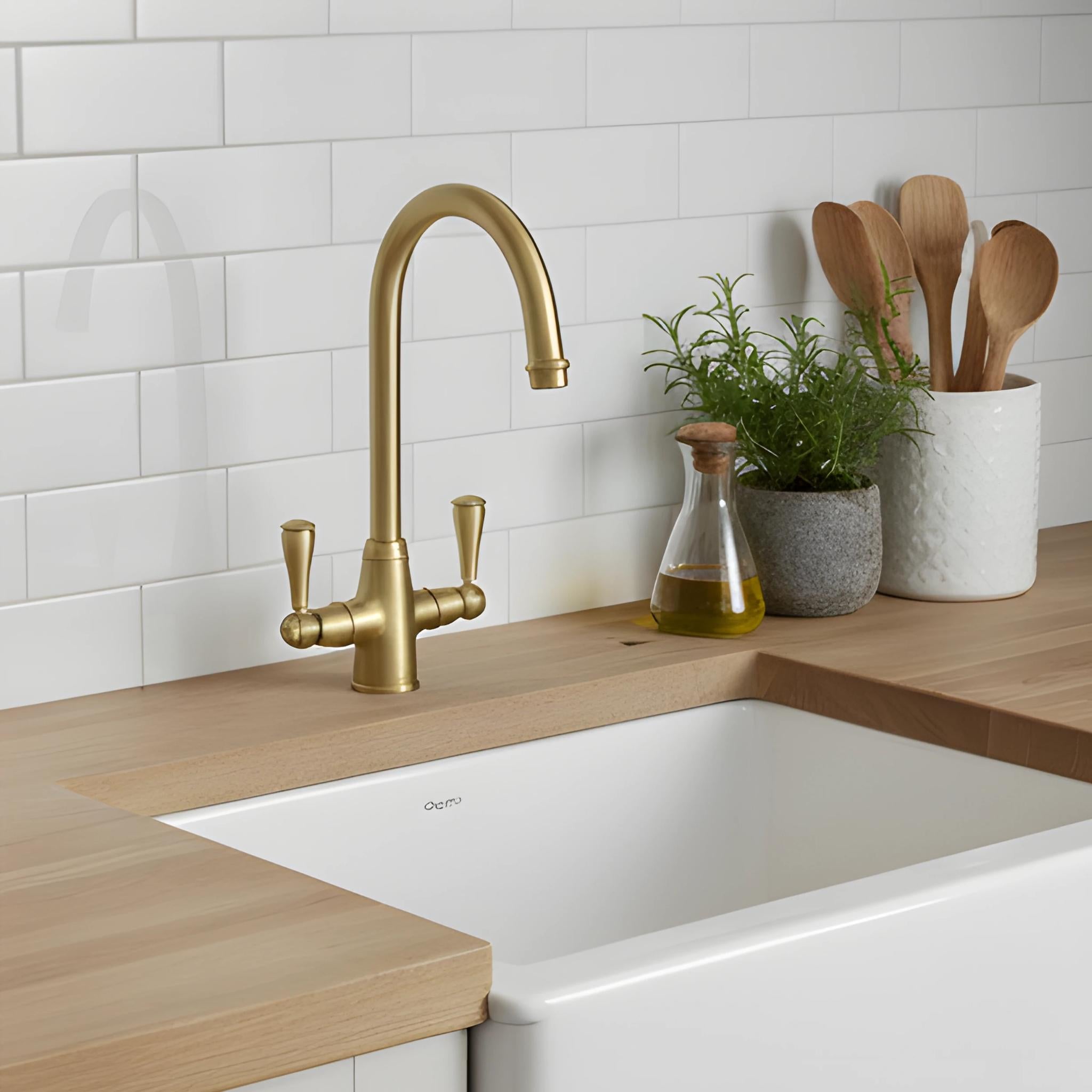 TURNER HASTINGS LUDLOW DOUBLE SINK MIXER TAP 355MM BRUSHED BRASS (METAL HANDLE)