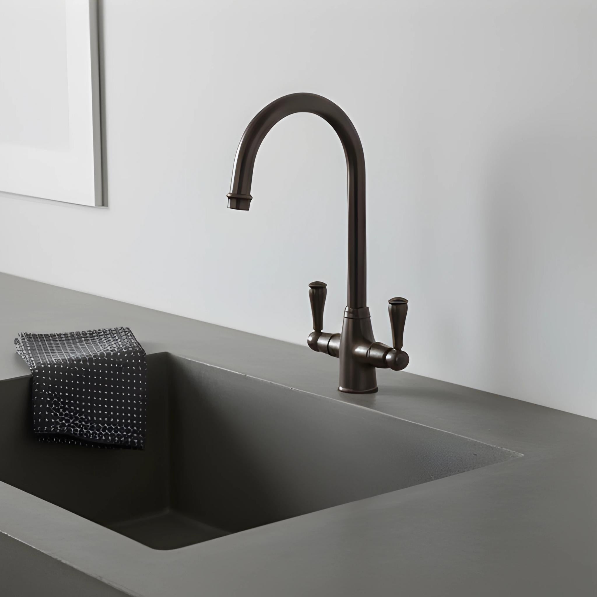 TURNER HASTINGS LUDLOW DOUBLE SINK MIXER TAP 355MM ENGLISH BRONZE (METAL HANDLE)