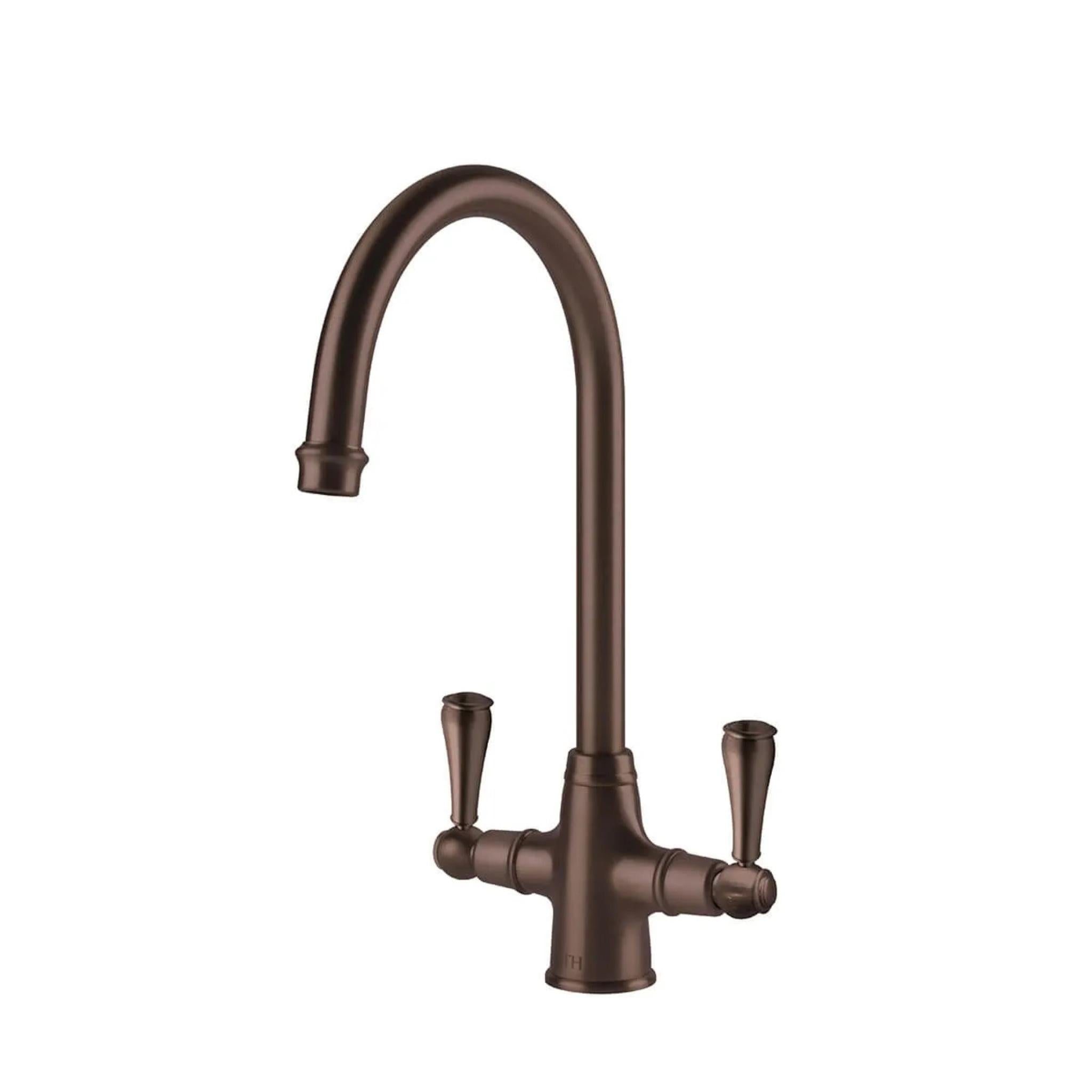 TURNER HASTINGS LUDLOW DOUBLE SINK MIXER TAP 355MM ENGLISH BRONZE (METAL HANDLE)