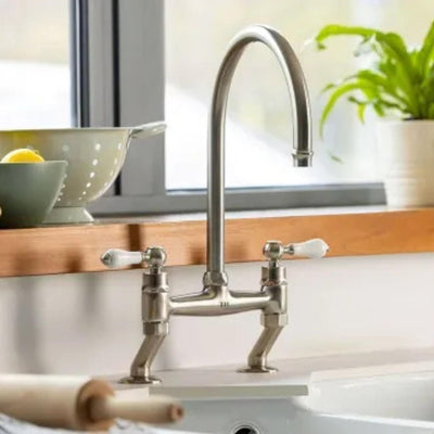 TURNER HASTINGS LUDLOW BRIDGE TAP MIXER WITH METAL LEVER HANDLE 400MM BRUSHED NICKEL