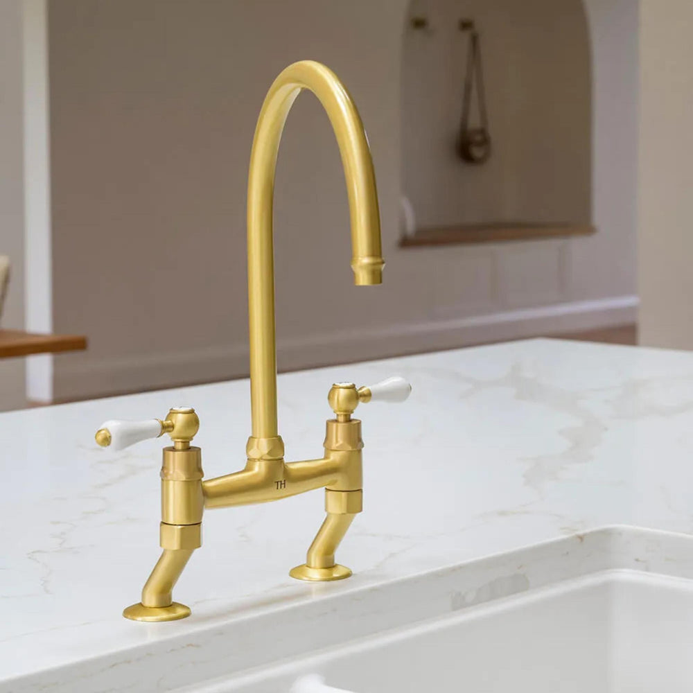 TURNER HASTINGS LUDLOW BRIDGE TAP MIXER WITH METAL LEVER HANDLE 400MM BRUSHED BRASS