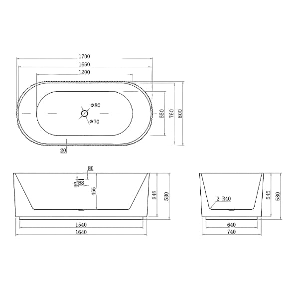 Linsol Lucy Freestanding Bath 1700mm line drawing