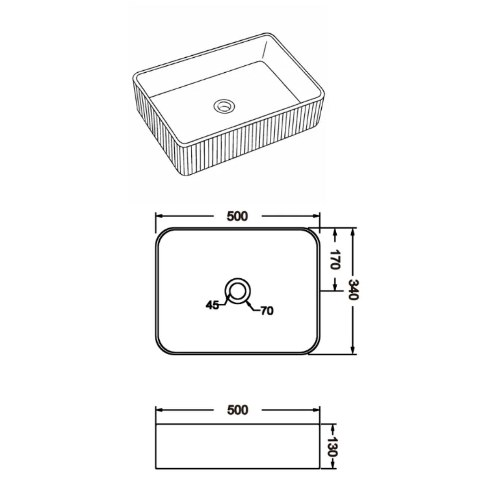 CLAYA LUCID RECTANGULAR FLUTED ABOVE COUNTER BASIN GLOSS WHITE 500MM
