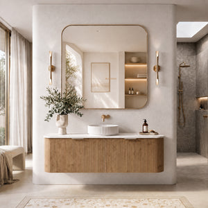 LUKKA AGENA PRIME OAK FLUTED 1500MM CURVE SINGLE BOWL WALL HUNG VANITY