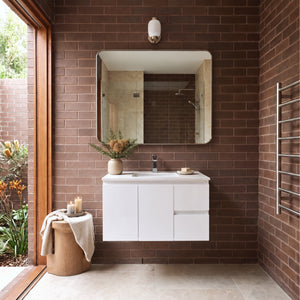 LUKKA ALPHA GLOSS WHITE 900MM SINGLE BOWL WALL HUNG VANITY (AVAILABLE IN LEFT AND RIGHT HAND DRAWER)