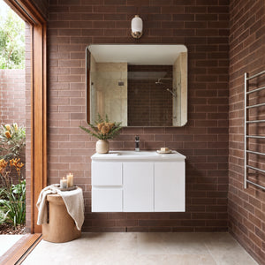 LUKKA ALPHA GLOSS WHITE 900MM SINGLE BOWL WALL HUNG VANITY (AVAILABLE IN LEFT AND RIGHT HAND DRAWER)