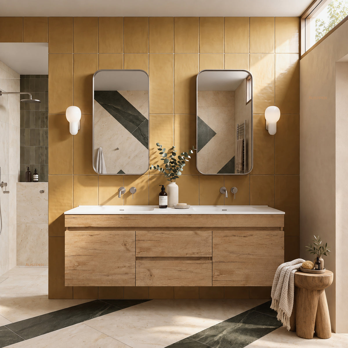 LUKKA CAMDEN MODERN PRIME OAK 1500MM DOUBLE BOWL WALL HUNG VANITY