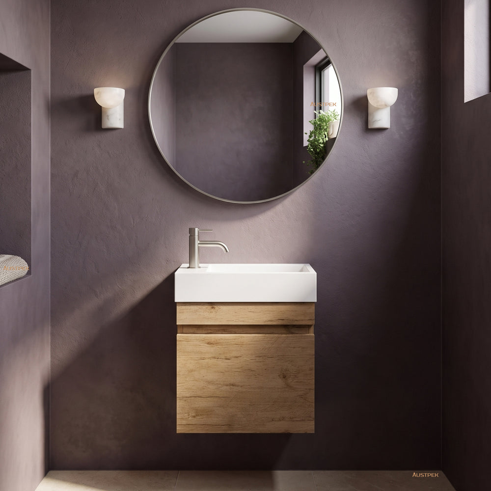 LUKKA CAMDEN MODERN PRIME OAK 450MM SPACE SAVING SINGLE BOWL WALL HUNG VANITY