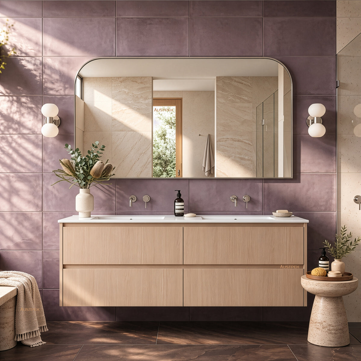 LUKKA GLADSTONE MODERN SANDY OAK 1500MM DOUBLE BOWL WALL HUNG VANITY