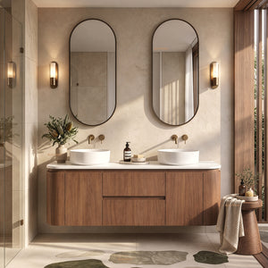 LUKKA RAVELLO MOCHA OAK WOODMATT 1500MM DOUBLE BOWL WALL HUNG VANITY