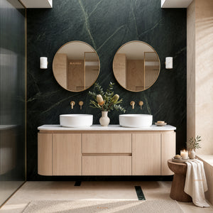 LUKKA RAVELLO SANDY OAK WOODMATT 1500MM DOUBLE BOWL WALL HUNG VANITY