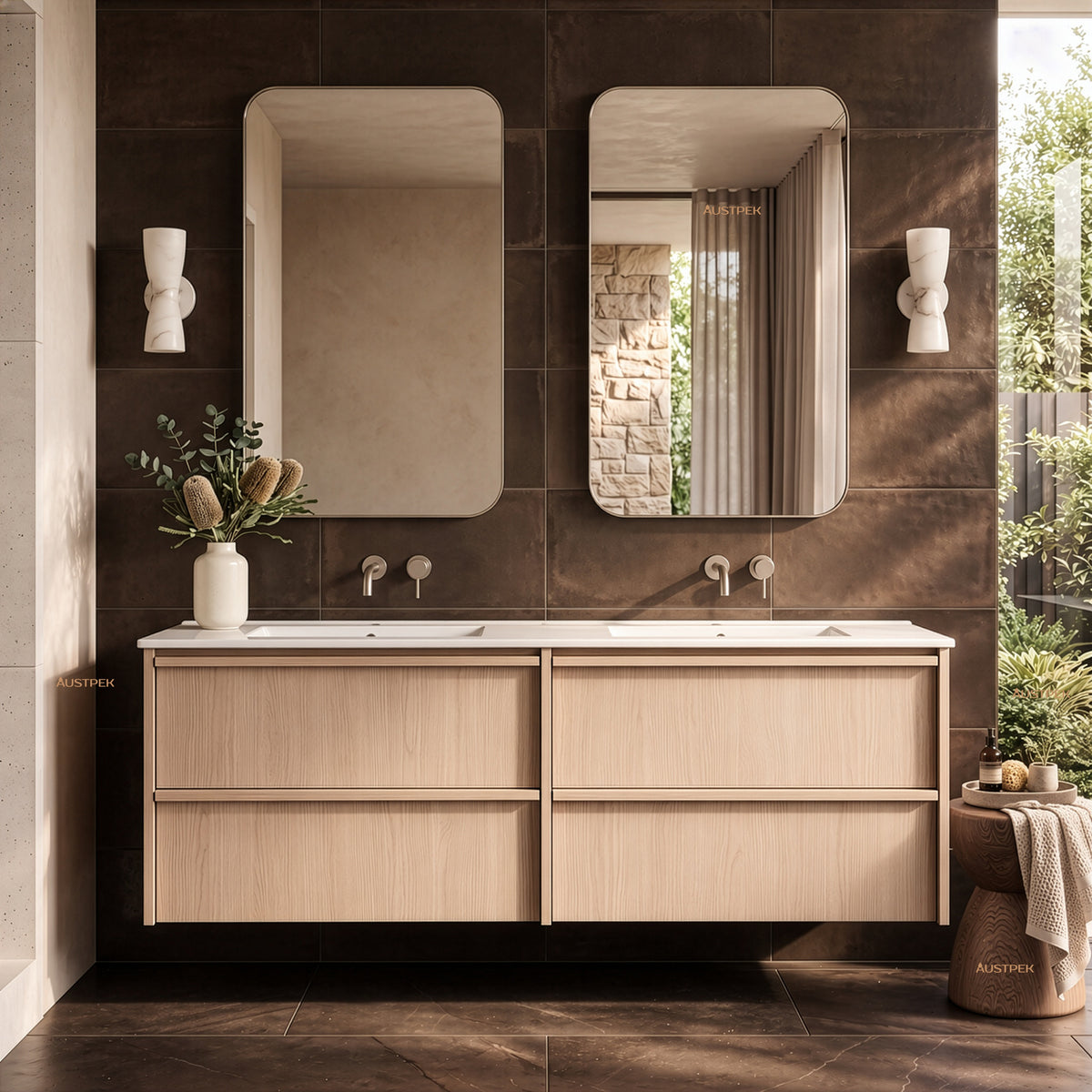 LUKKA RIDGEWOOD MODERN SANDY OAK 1500MM DOUBLE BOWL WALL HUNG VANITY