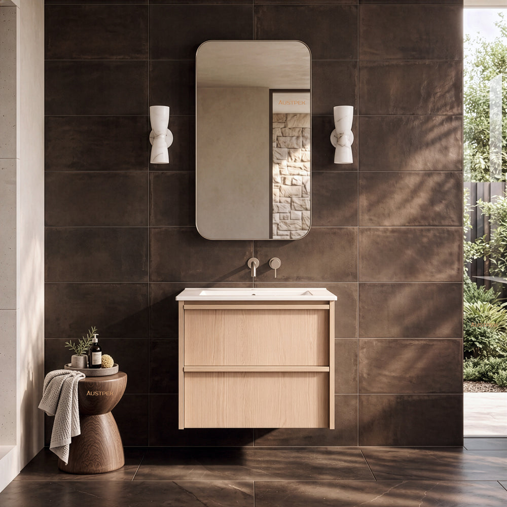 LUKKA RIDGEWOOD MODERN SANDY OAK 600MM SINGLE BOWL WALL HUNG VANITY