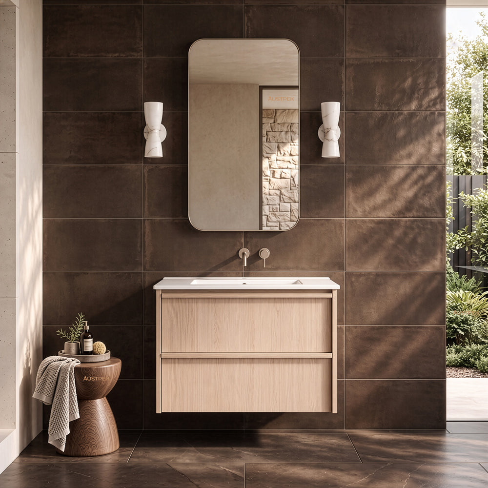 LUKKA RIDGEWOOD MODERN SANDY OAK 750MM SINGLE BOWL WALL HUNG VANITY