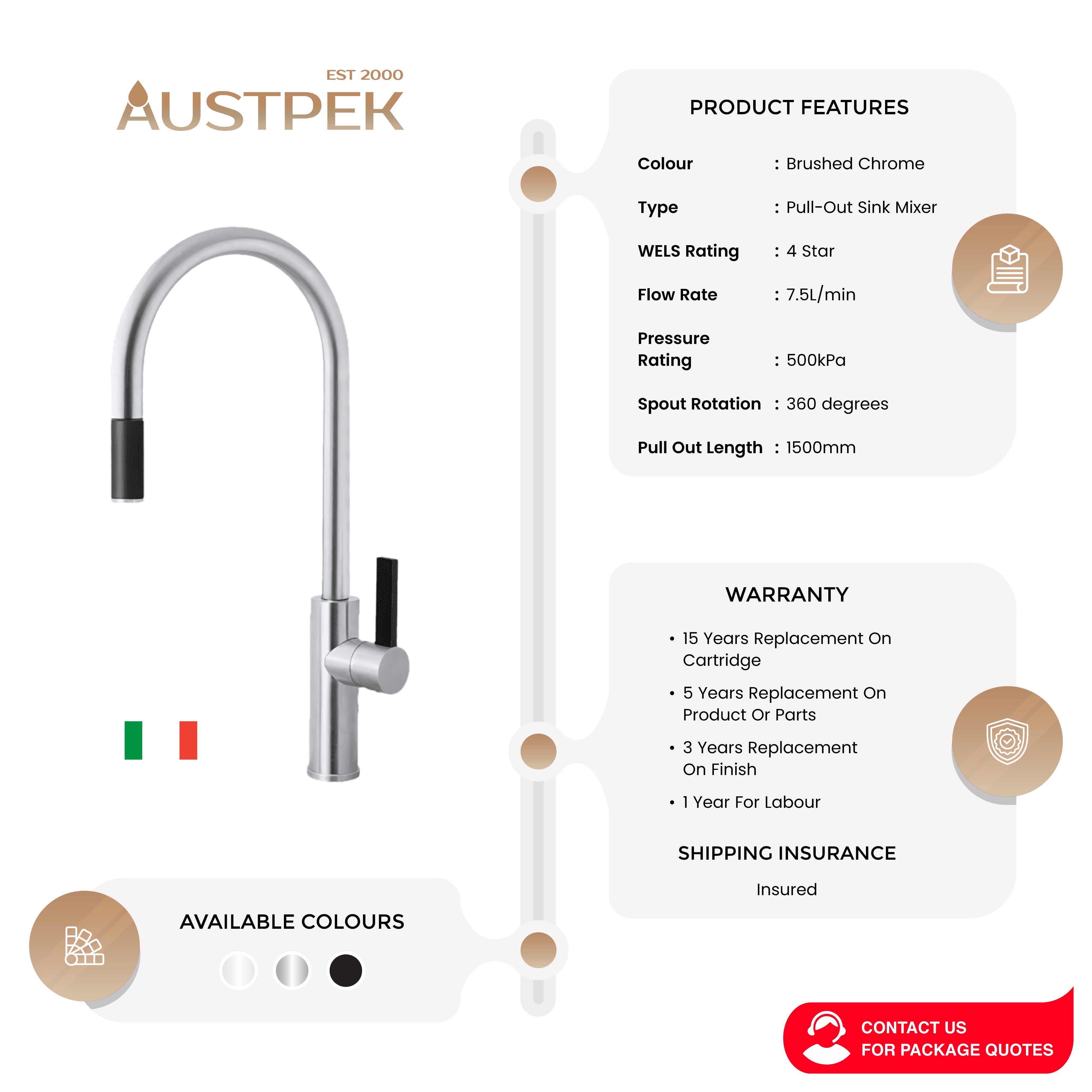 ARMANDO VICARIO LUZ GOOSENECK PULL-OUT SINK MIXER BRUSHED CHROME