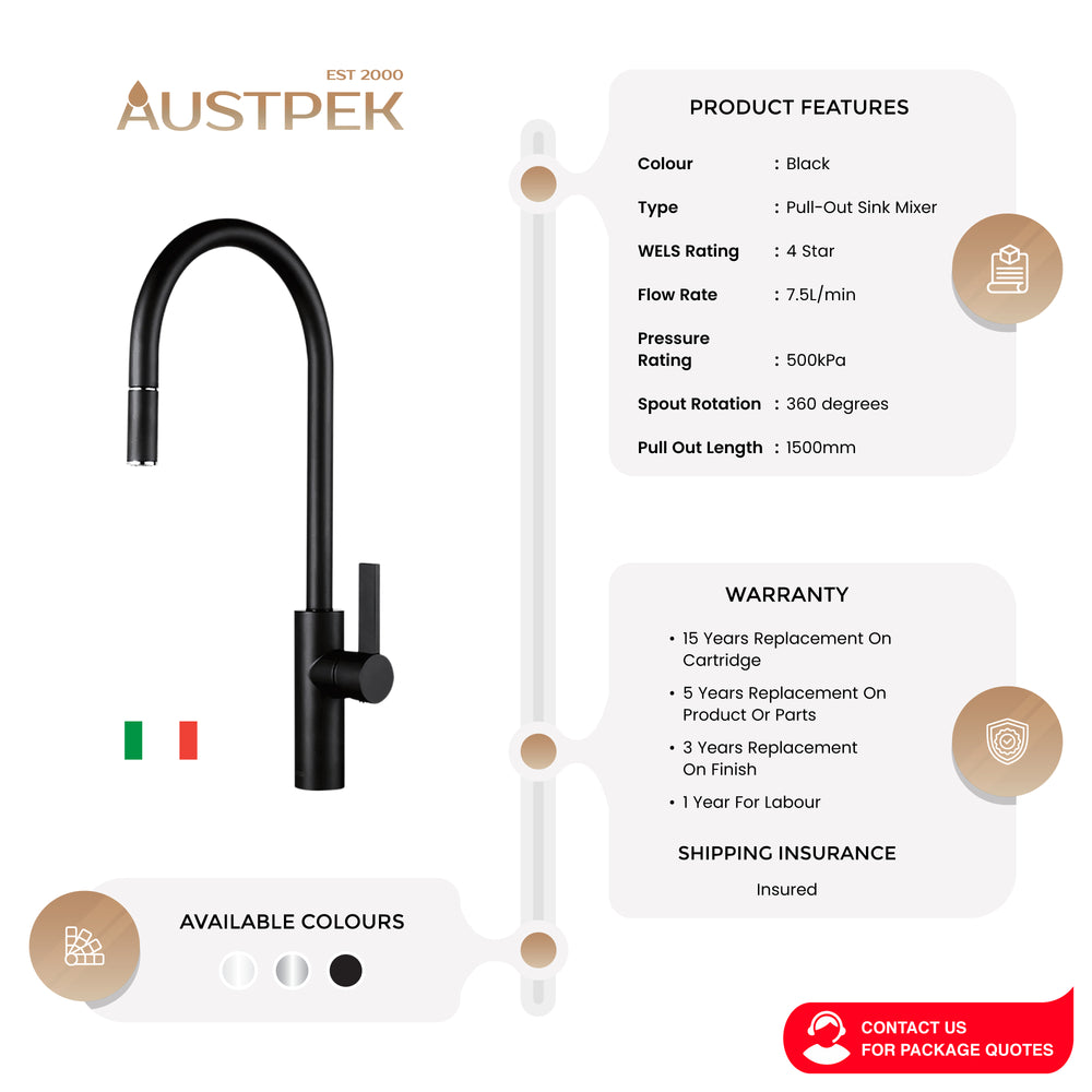 ARMANDO VICARIO LUZ LEAD FREE GOOSENECK PULL-OUT SINK MIXER BLACK
