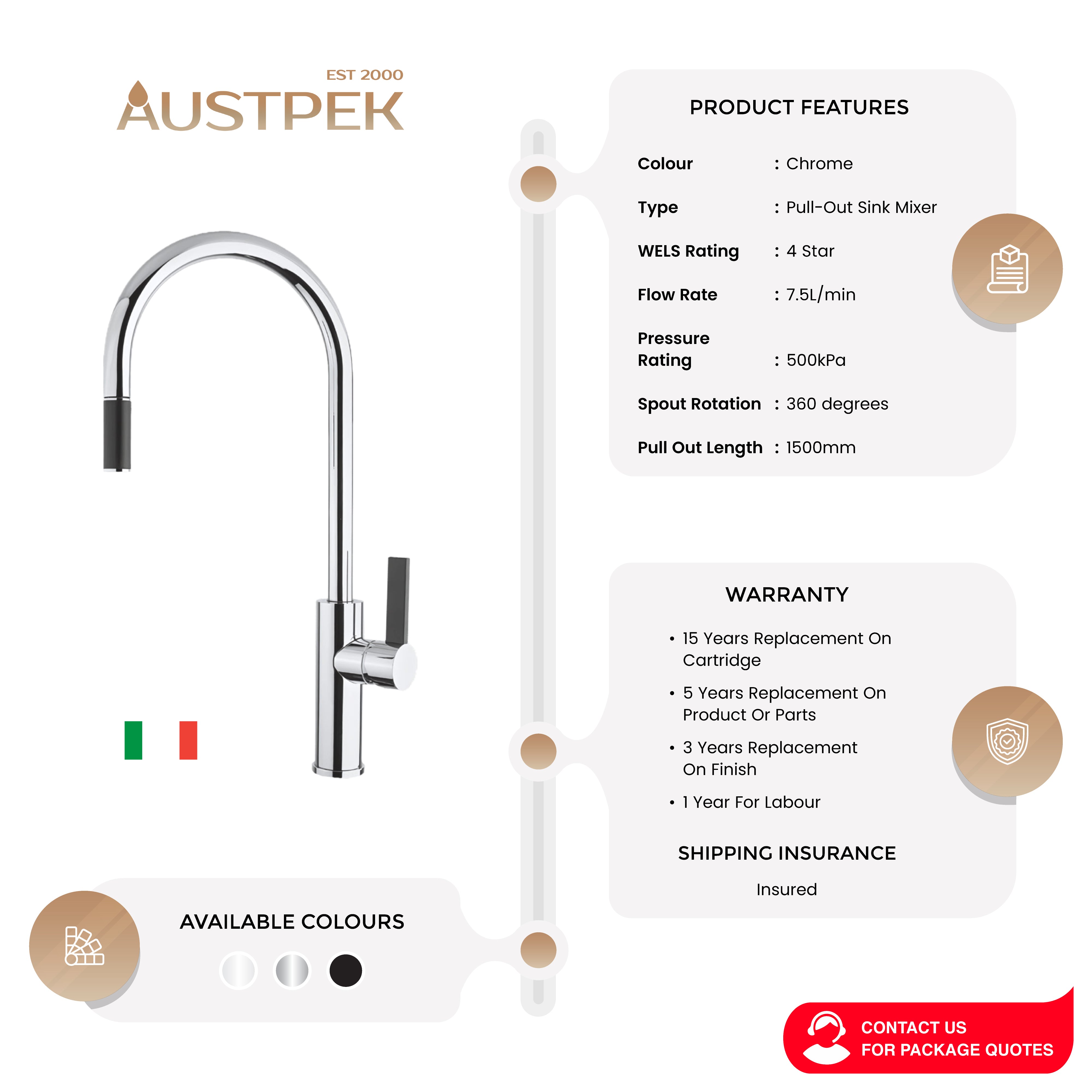 ARMANDO VICARIO LUZ GOOSENECK PULL-OUT SINK MIXER CHROME
