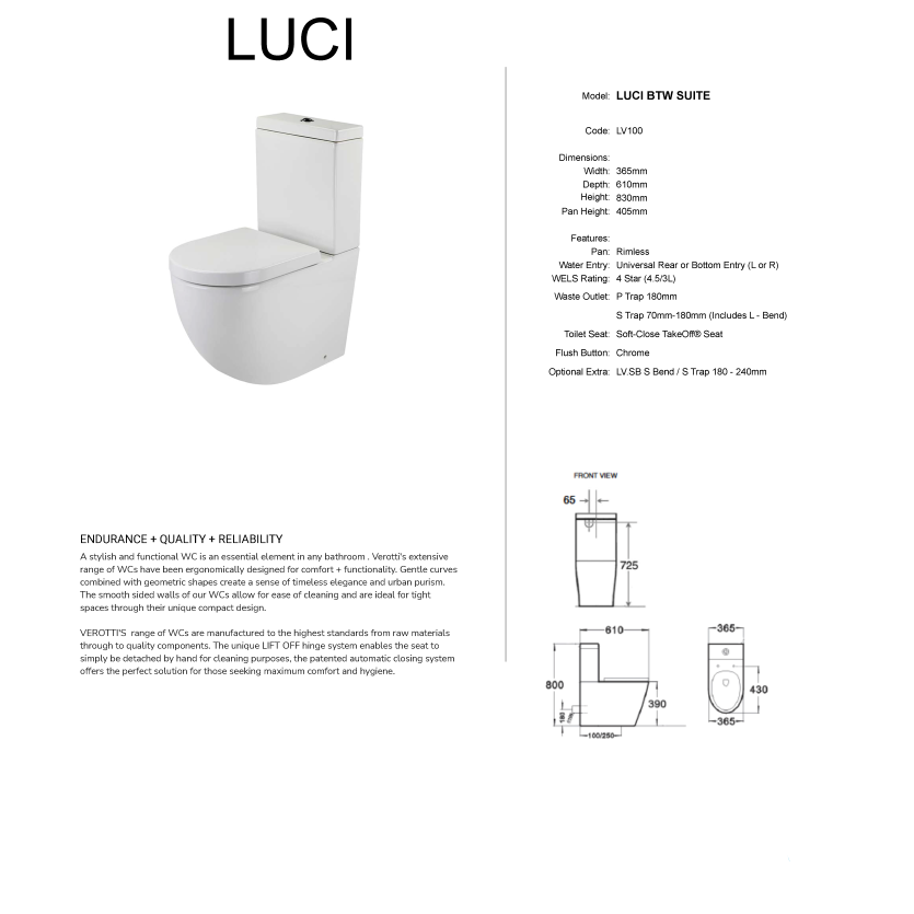 VEROTTI LUCI BACK TO WALL TOILET SUITE GLOSS WHITE