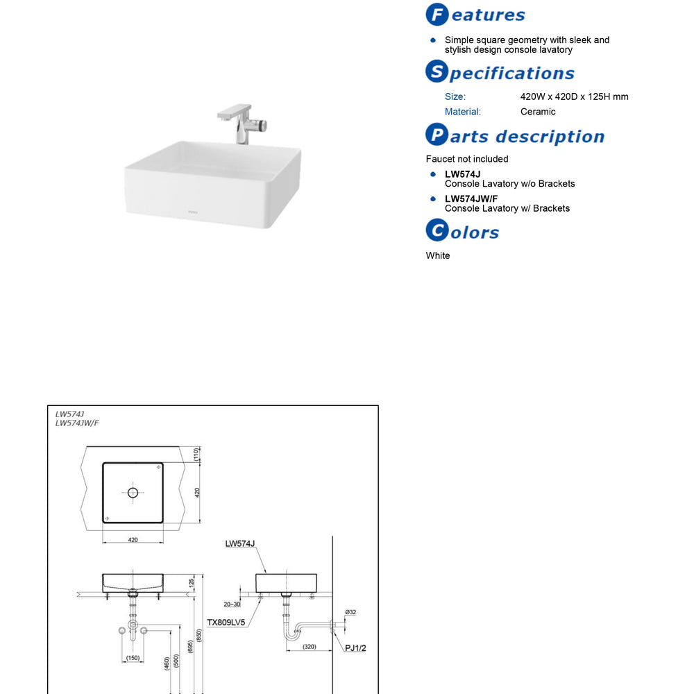 TOTO CONSOLE LAVATORY WITH BRACKET WHITE