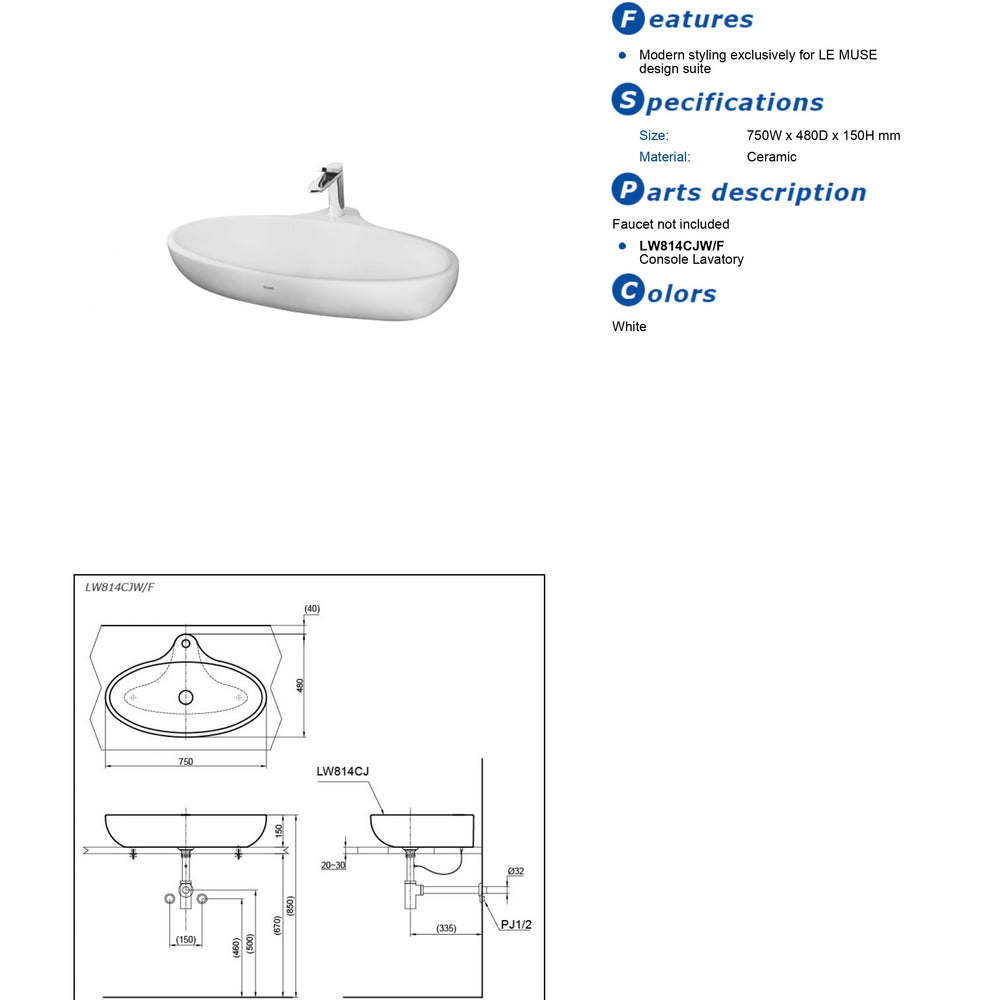 TOTO LE MUSE LAVATORY WITH BRACKET WHITE 750MM