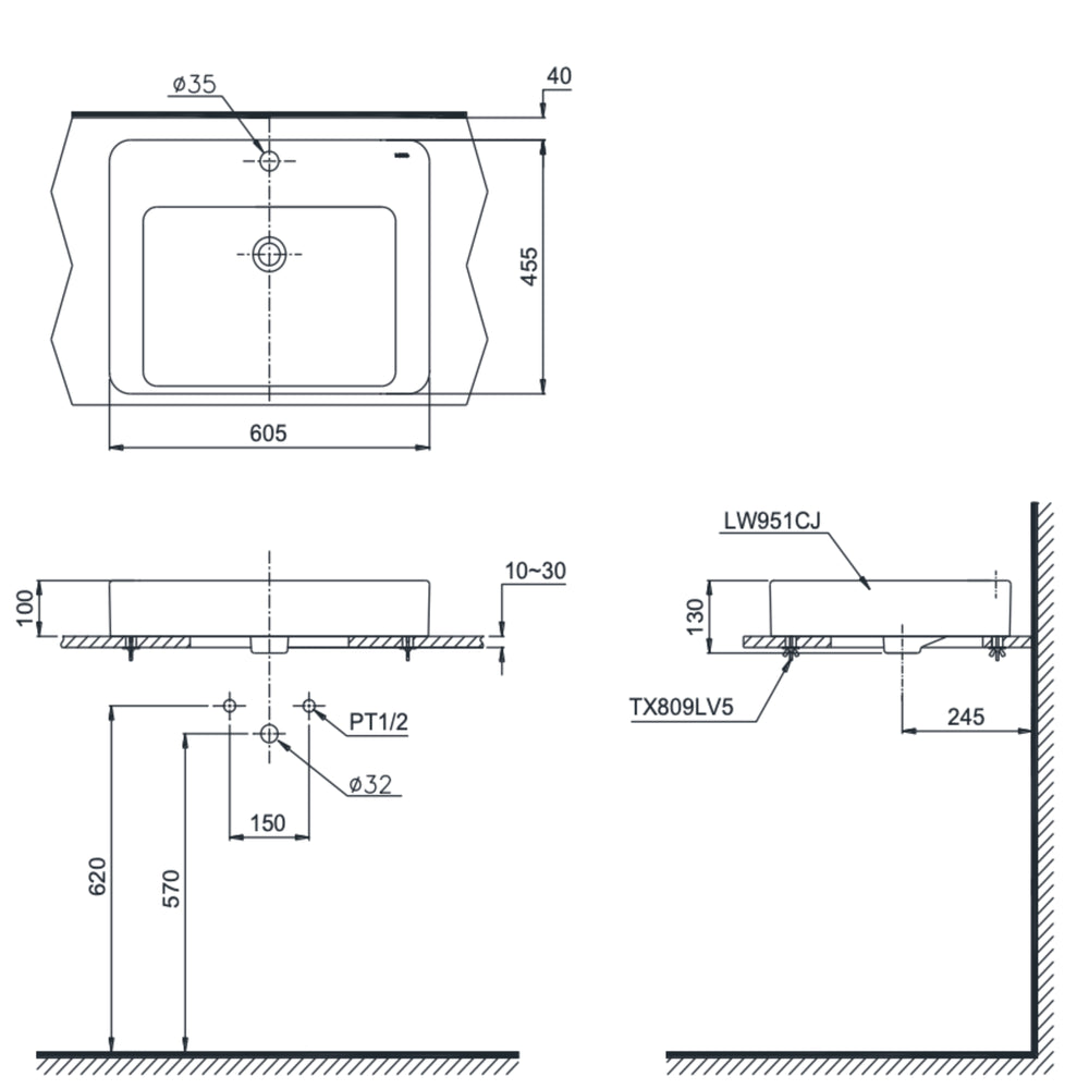 TOTO CONSOLE LAVATORY WITH BRACKET WHITE 605MM