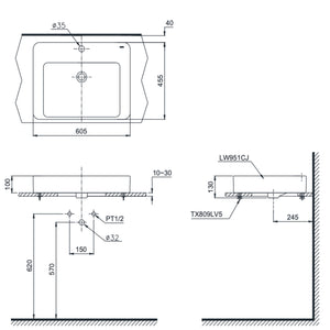 TOTO CONSOLE LAVATORY WITH BRACKET WHITE 605MM
