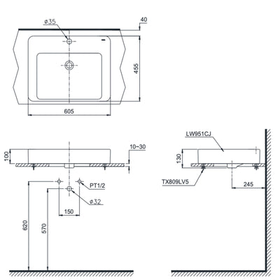 TOTO CONSOLE LAVATORY WITH BRACKET WHITE 605MM