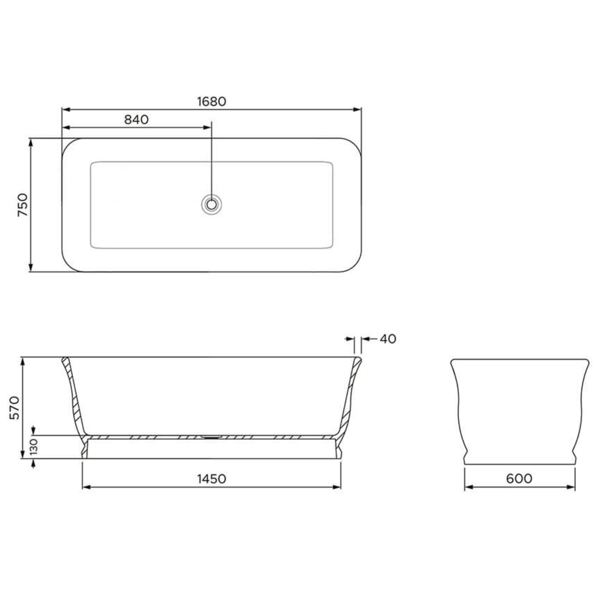 TURNER HASTINGS LYNTON TITANCAST SOLID SURFACE FREESTANDING BATHTUB SATIN SILK WHITE 1680MM