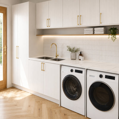 TIMBERLINE SILKSURFACE ALBASTERA DOUBLE BOWL LAUNDRY LAMINATED SLAB TOP