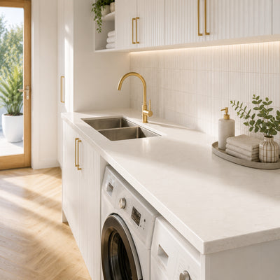 TIMBERLINE SILKSURFACE BIANCO PEARL DOUBLE BOWL LAUNDRY LAMINATED SLAB TOP