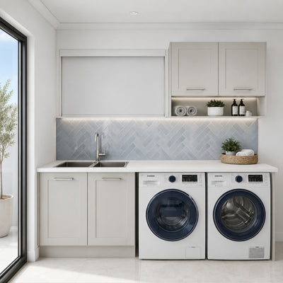 TIMBERLINE SILKSURFACE BLANCA GRANITE DOUBLE BOWL LAUNDRY LAMINATED SLAB TOP