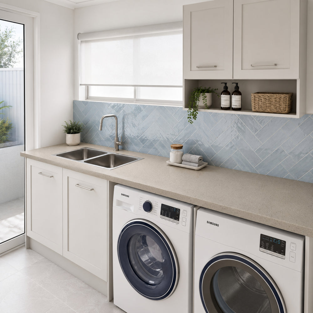 TIMBERLINE SILKSURFACE MORNING MIST DOUBLE BOWL LAUNDRY LAMINATED SLAB TOP
