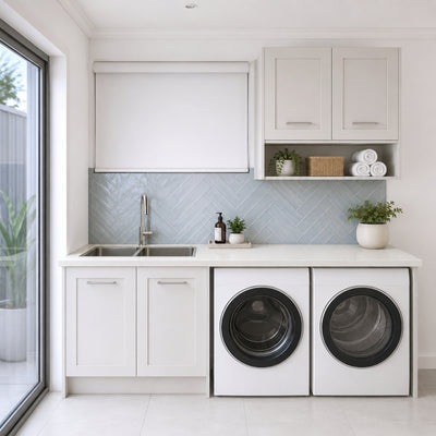 TIMBERLINE SILKSURFACE WHITE CRYSTAL BOULDER DOUBLE BOWL LAUNDRY LAMINATED SLAB TOP