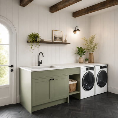 TIMBERLINE SILKSURFACE WHITE CRYSTAL BOULDER SINGLE BOWL LAUNDRY LAMINATED SLAB TOP